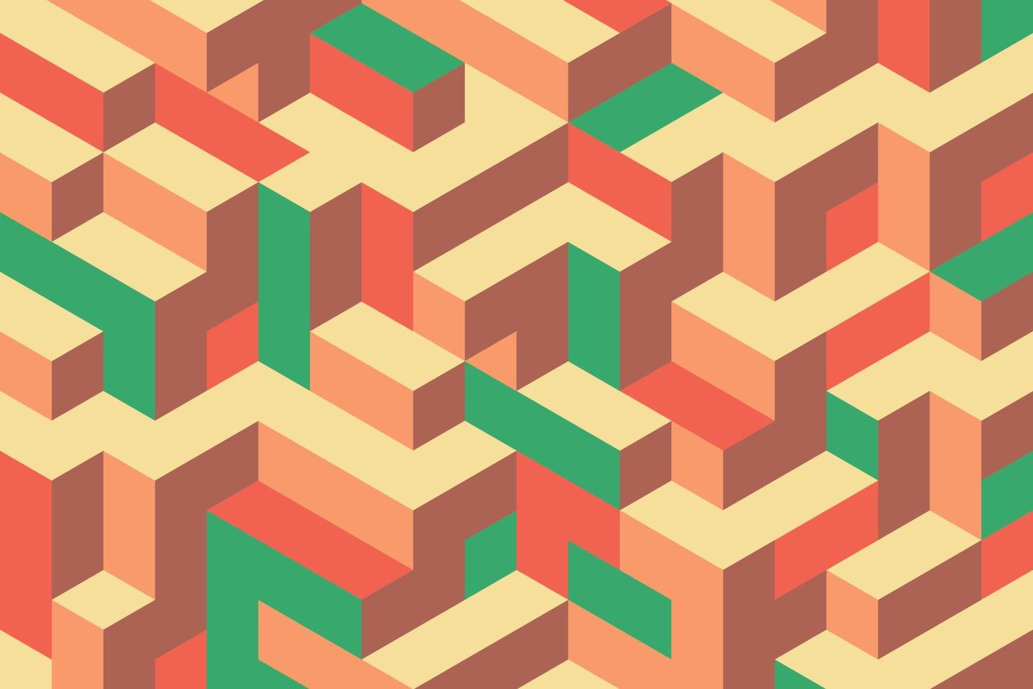 Retro green and red isometric mosaic shapes pattern background in vintage geometric style vector