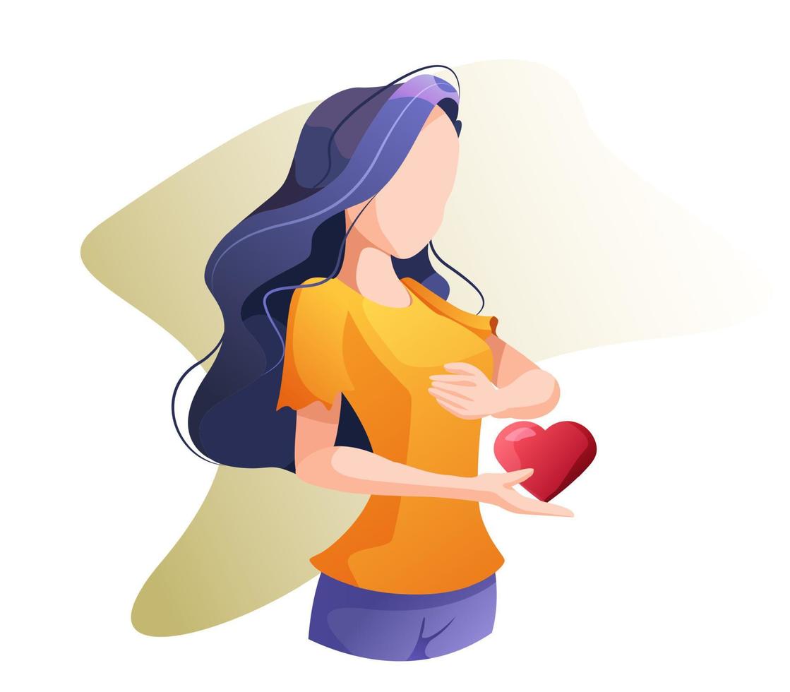 una niña tiene un corazón en la mano. La psicología del amor propio. vector