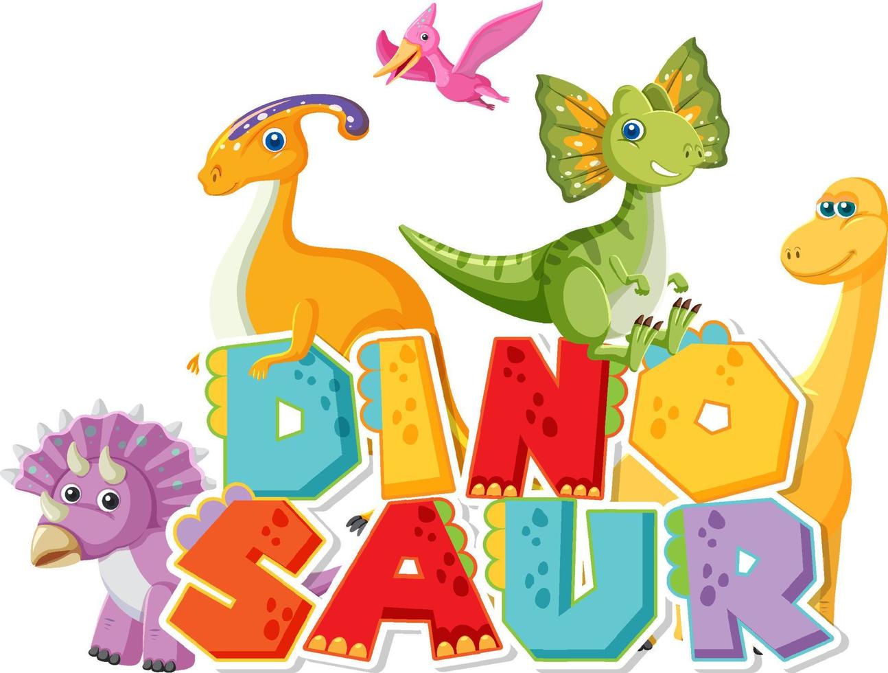 lindo grupo de dinosaurios con el logo de la palabra dinosaurio vector