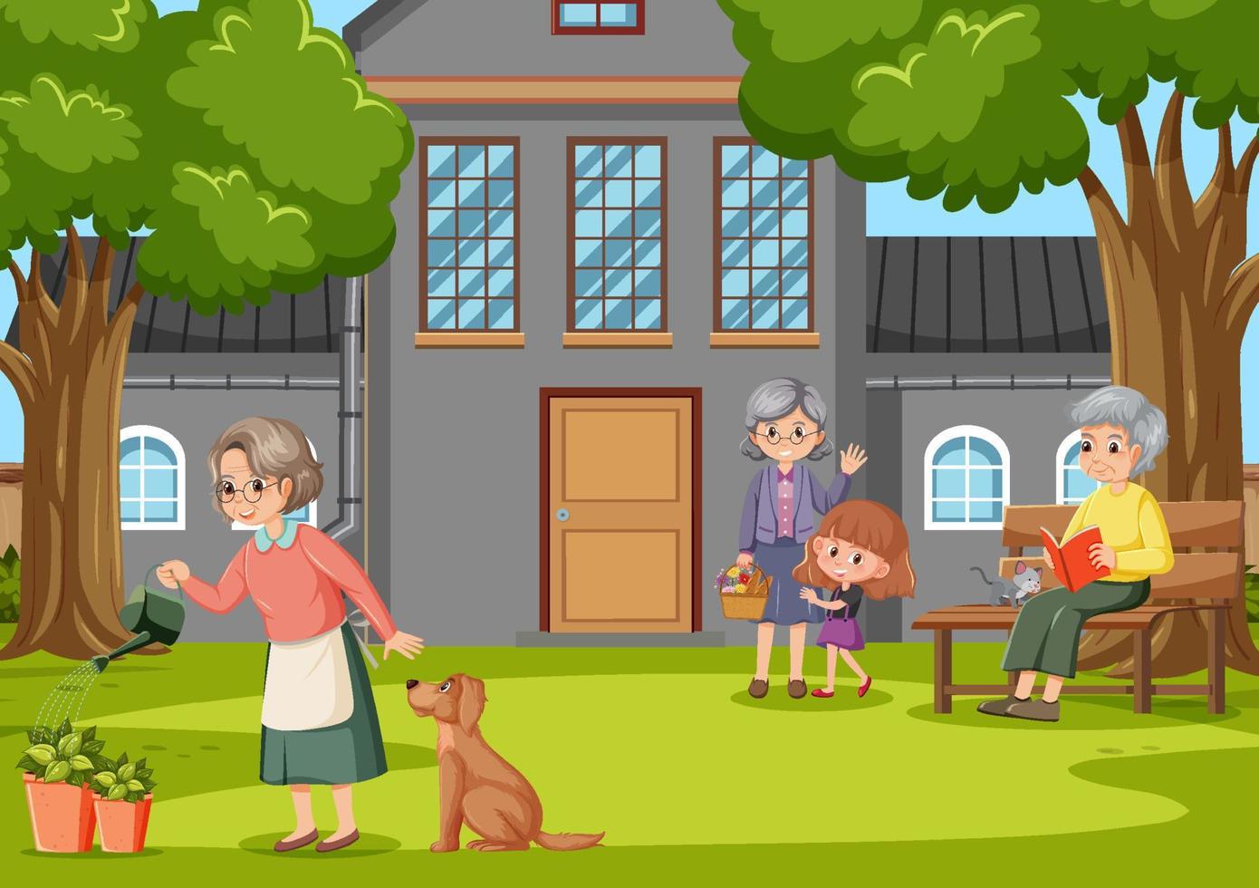 Outdoor house with elderly people vector