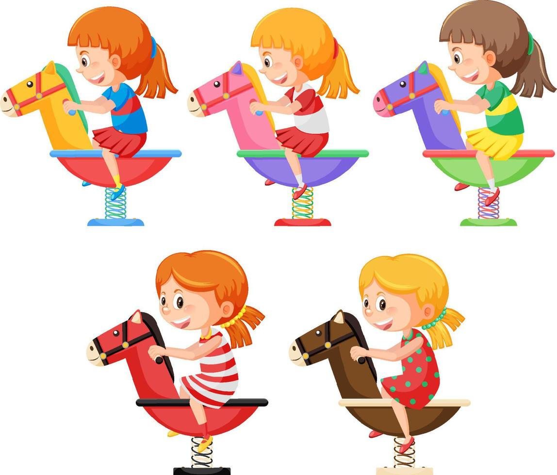 Set of kids riding on different spring rocking horses vector