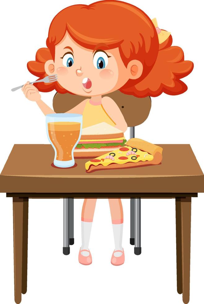 Happy girl enjoy eating food on table vector