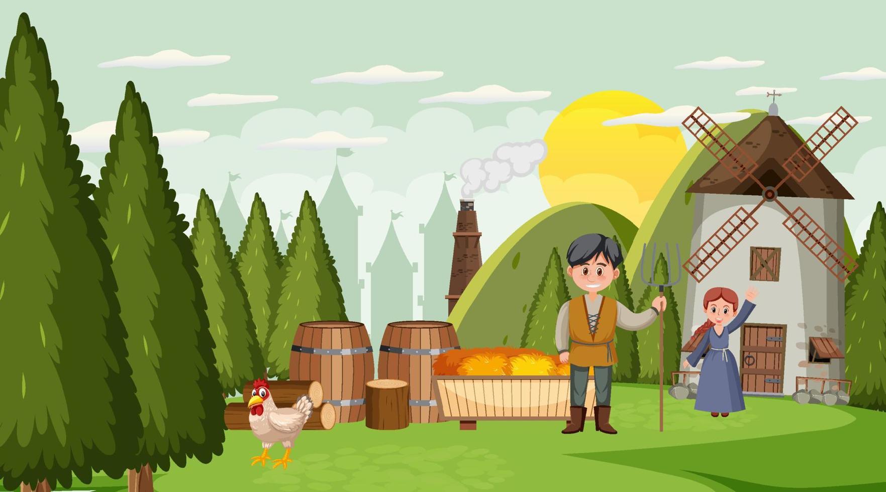 Medieval town cartoon scene with villagers vector