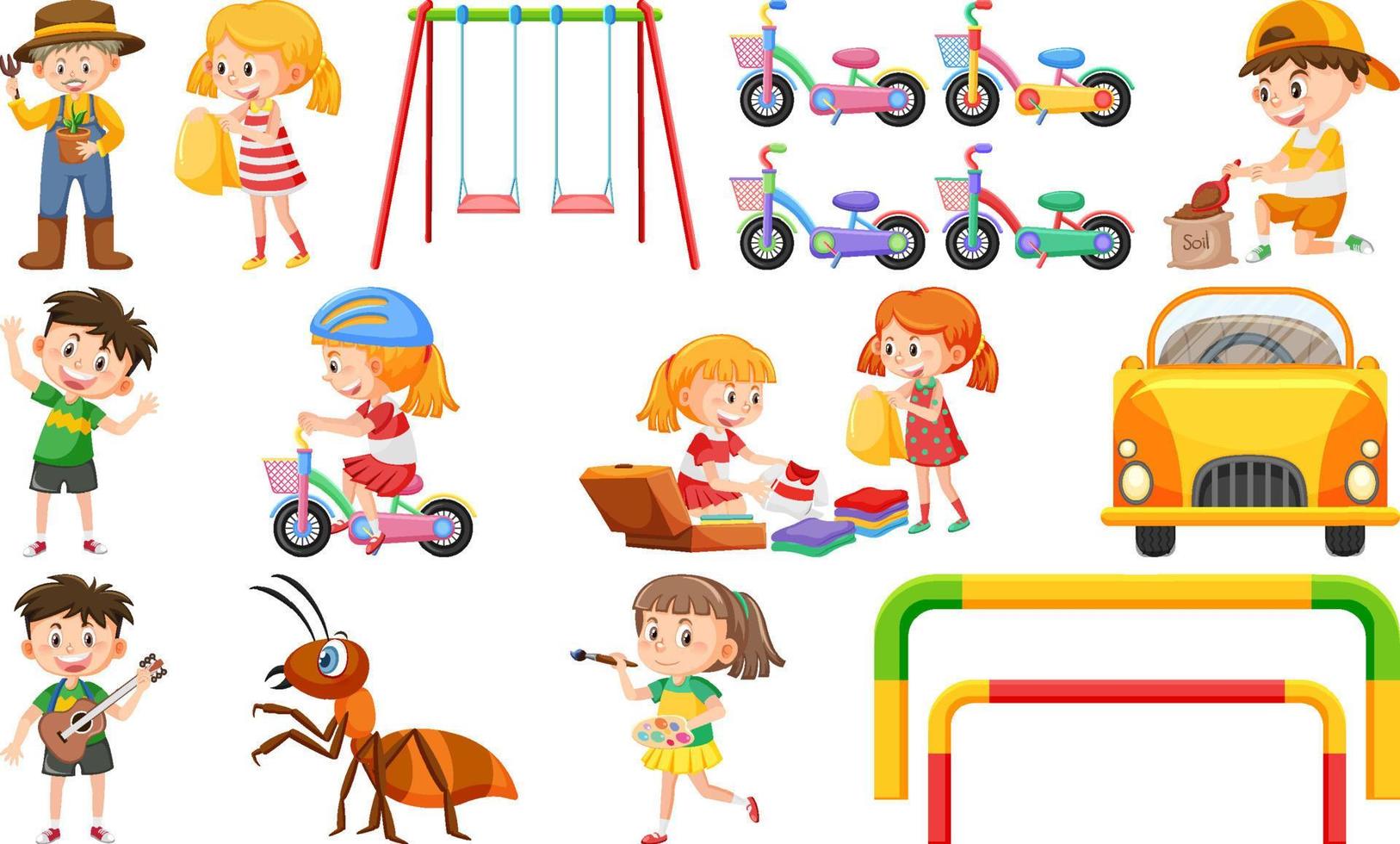 Set of cute kids and objects vector