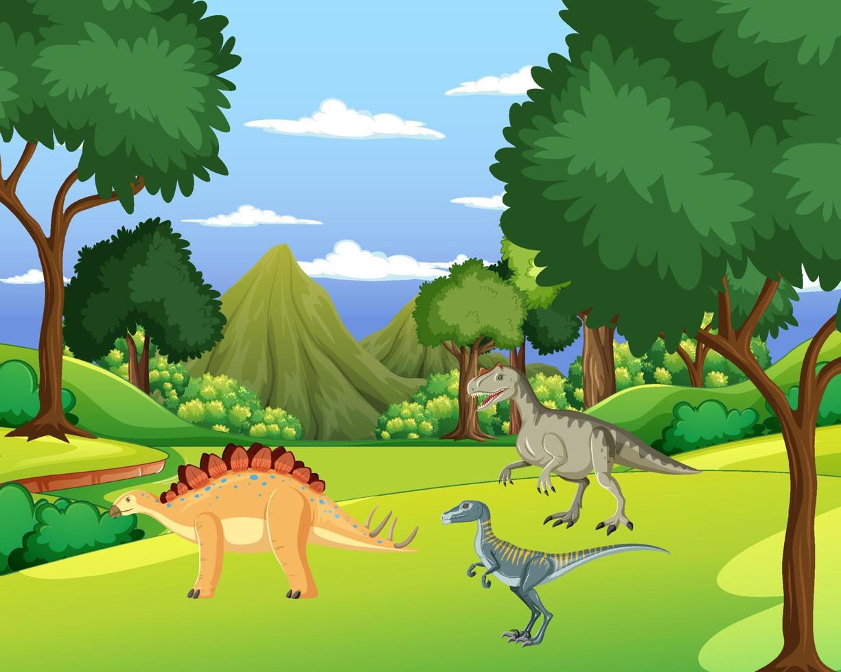 escena con dinosaurios en el bosque vector