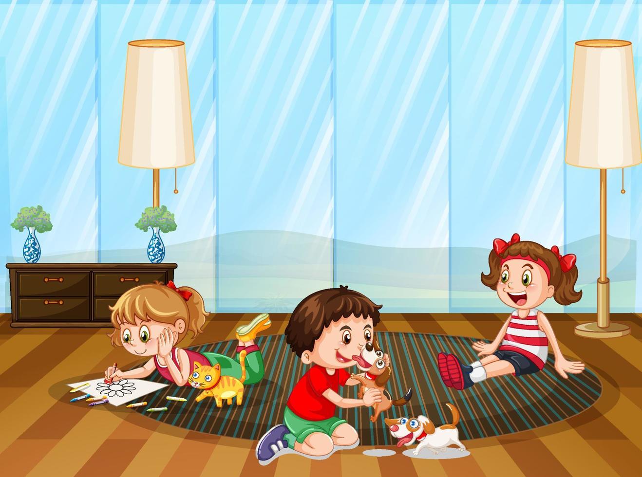Three kids playing in the room vector