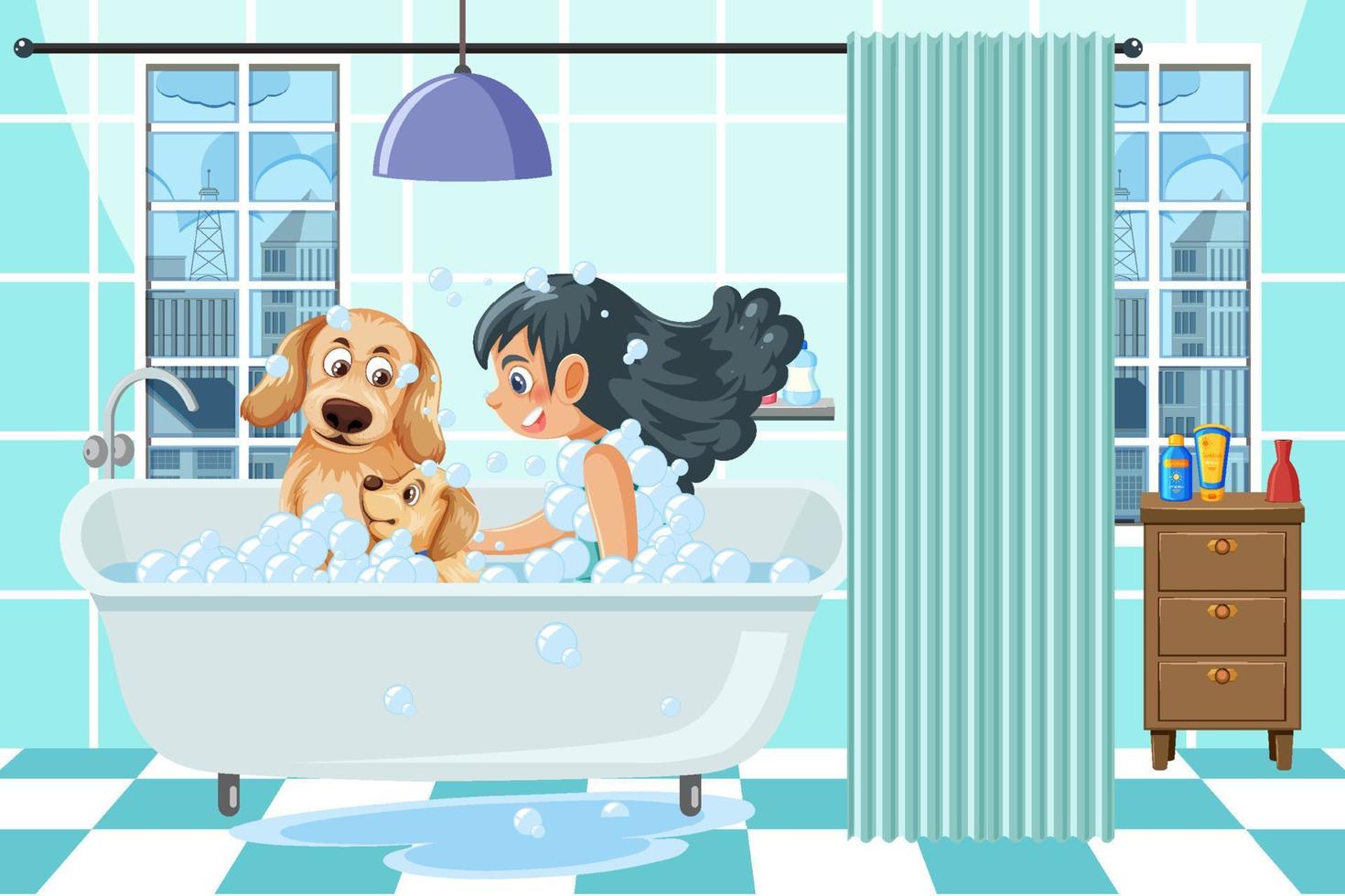 A girl taking a bath with a dog vector