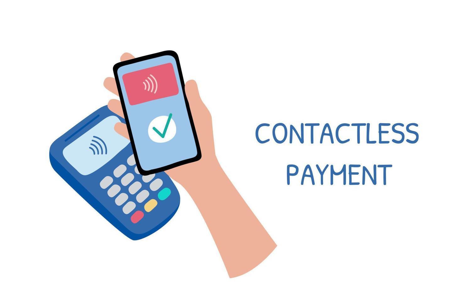 Contactless payment. Phone in hand. Purchase payment by NFC technology in smartphone and POS terminal. Near Field Communication. Cashless paying. Flat vector illustration