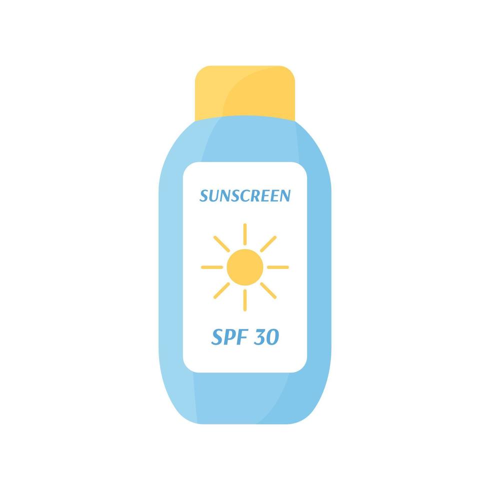 Sunscreen lotion bottle isolated. Summer skin care product. UV protection cream in cosmetic package. Safe tanning concept. Flat vector illustration