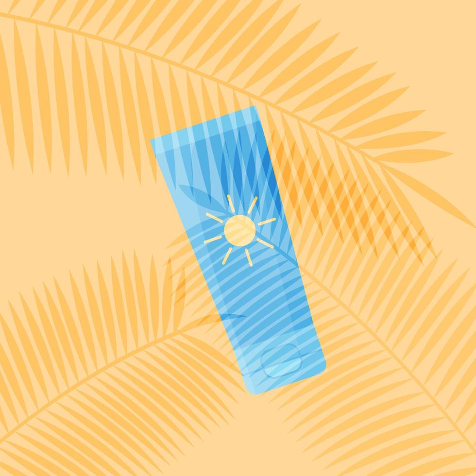 Sunscreen tube and palm leaves. Summer skin care. Palm leaf shadows design. Sun cream in package. Flat vector illustration on beach background