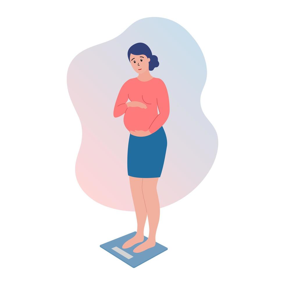 Pregnant on scales. Pregnancy weight gain. Woman standing on electronic scales. Expectant mother weighing. Flat vector illustration