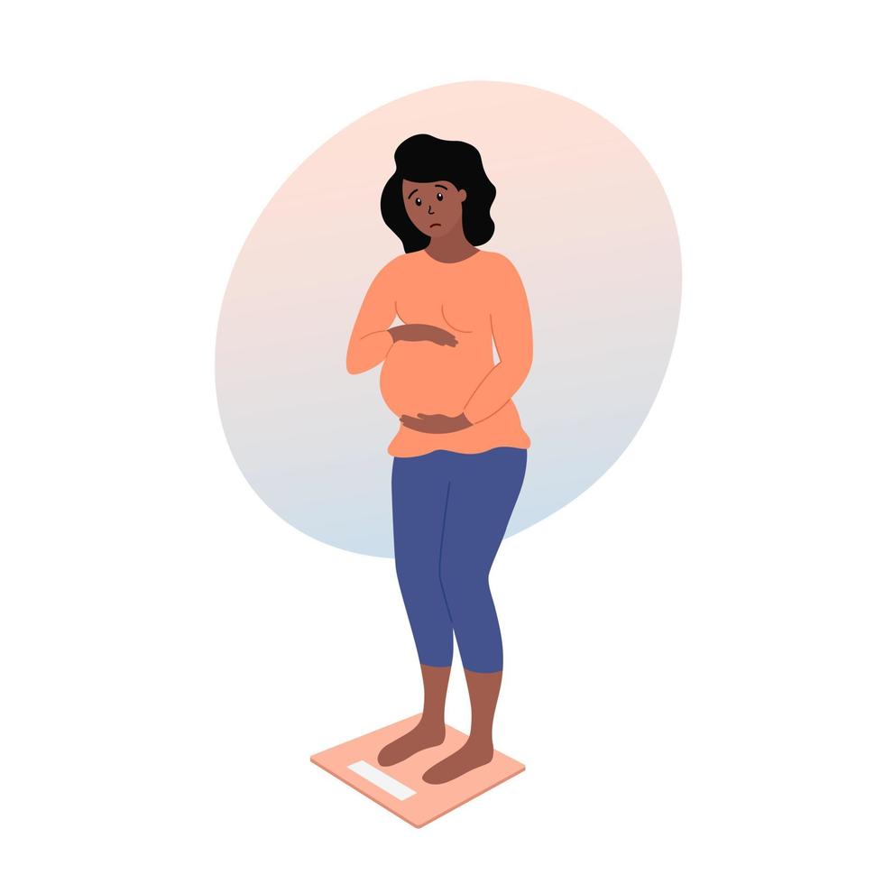 Pregnant woman standing on scales and checking weight. Pregnancy weight gain. Unhappy african american future mother. Flat vector illustration