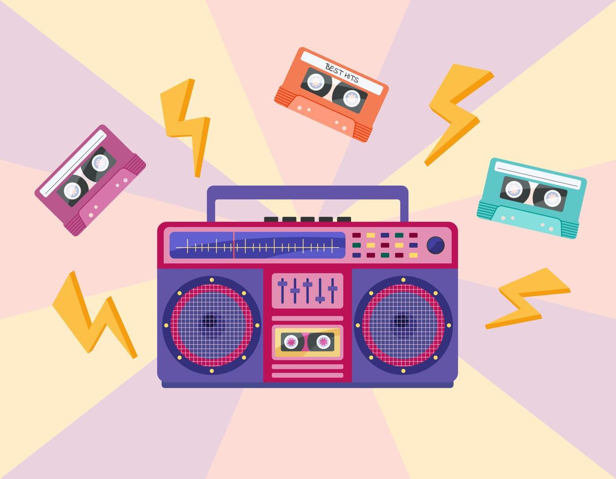 musica de los 90 boombox vibrante y cintas aisladas. grabadora de audio dispositivo retro de los años 80 90. ilustración vectorial plana de coloridos boombox y casetes vector