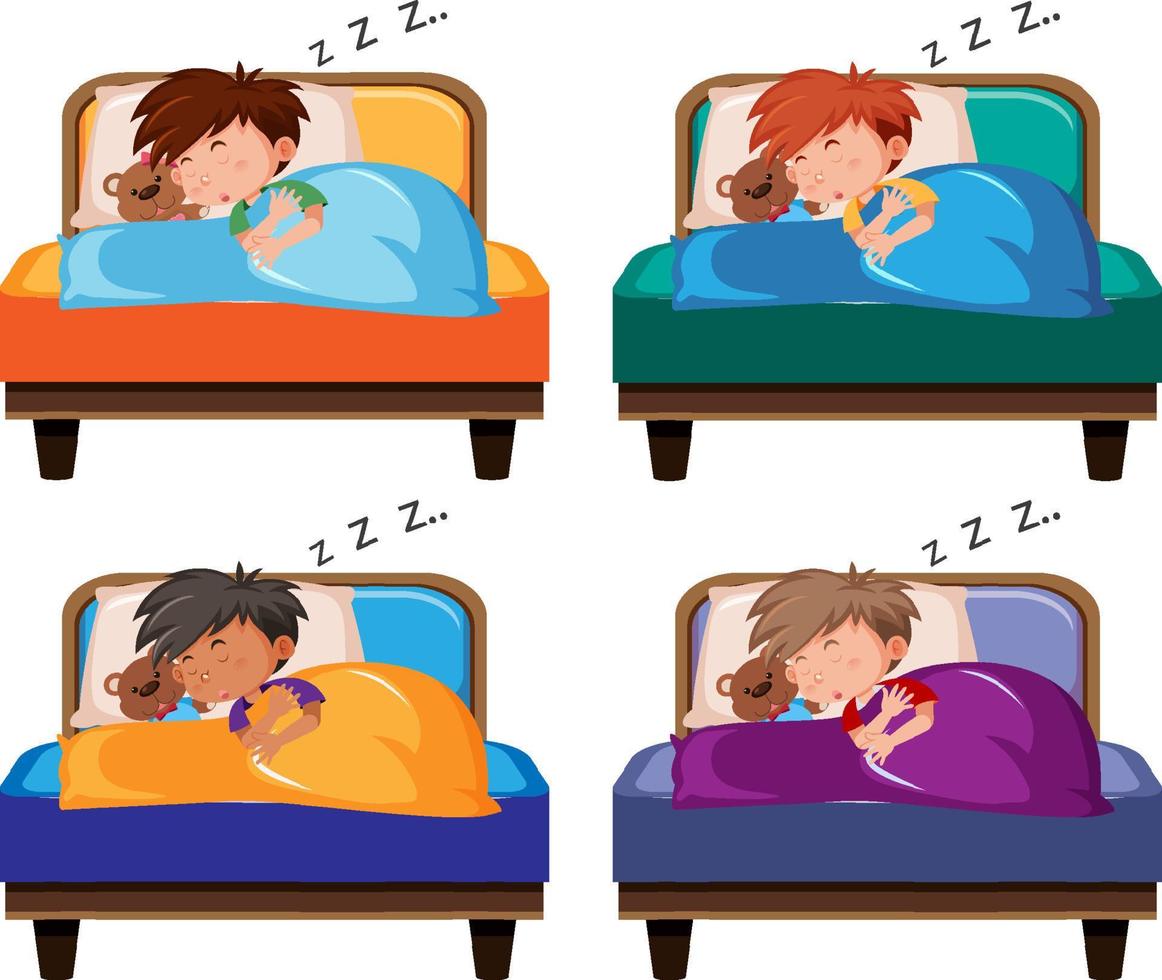 niños pequeños durmiendo en camas vector