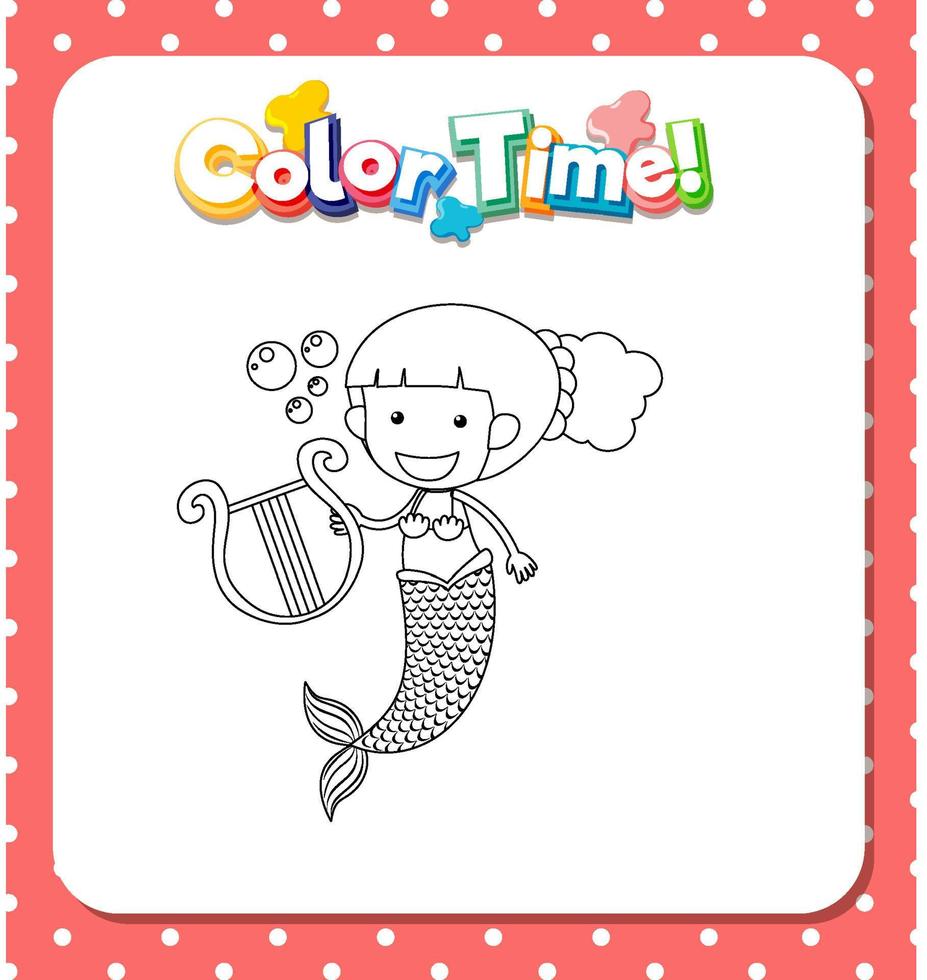 Worksheets template with color time text and Mermaid outline vector