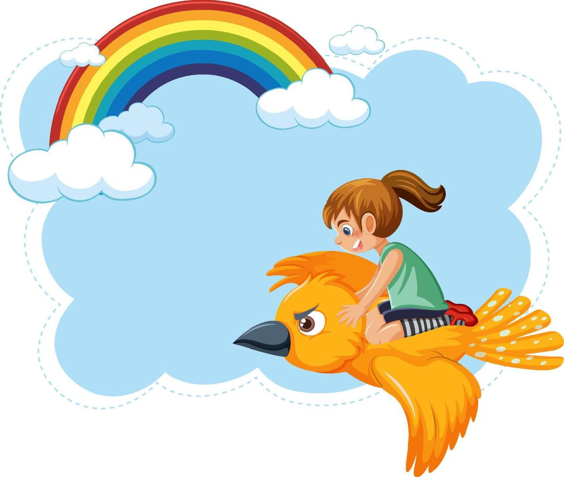 A girl riding a bird flying in sky banner vector