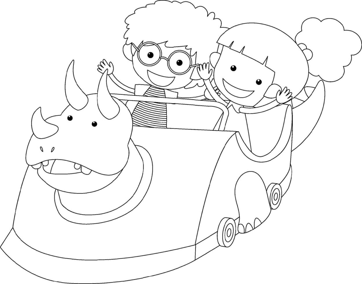 Kids in dinosaur racing car  black and white doodle character vector