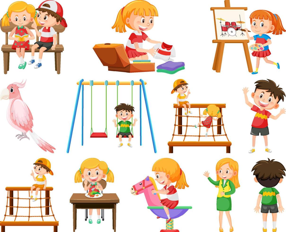 Set of different cute kids and objects vector