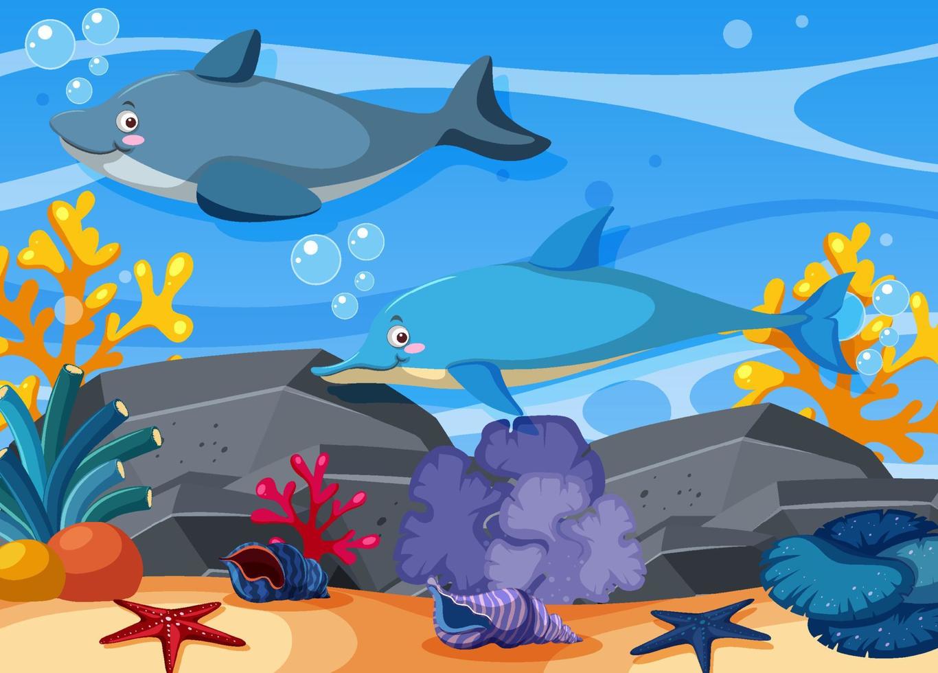 fondo submarino con delfines en estilo de dibujos animados vector