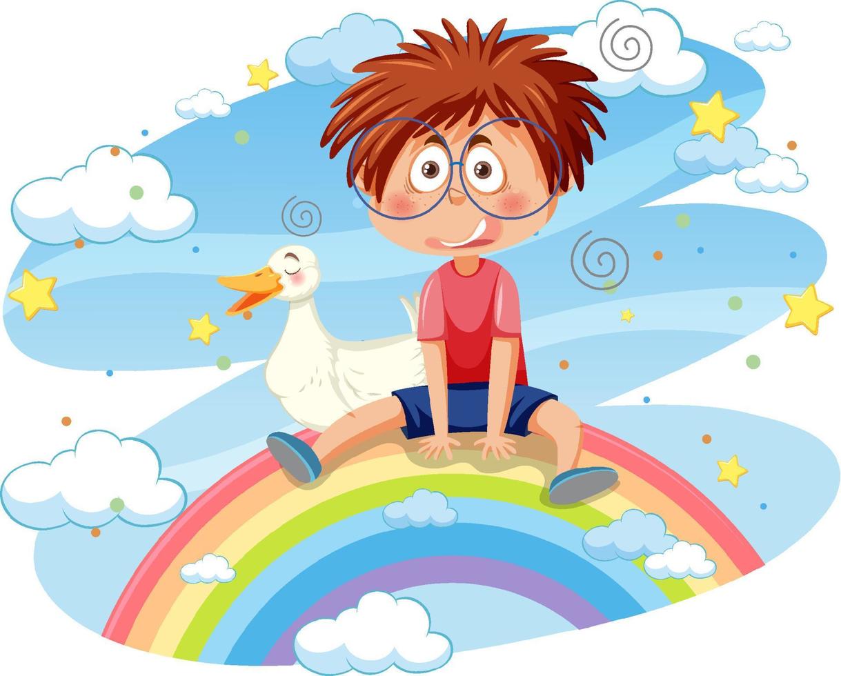 chico nerd y un pato sentado en el arco iris vector
