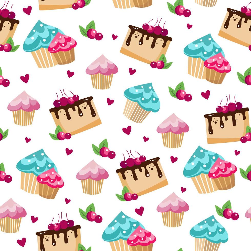 Seamless pattern with Cupcakes and piece of cake cherry vector