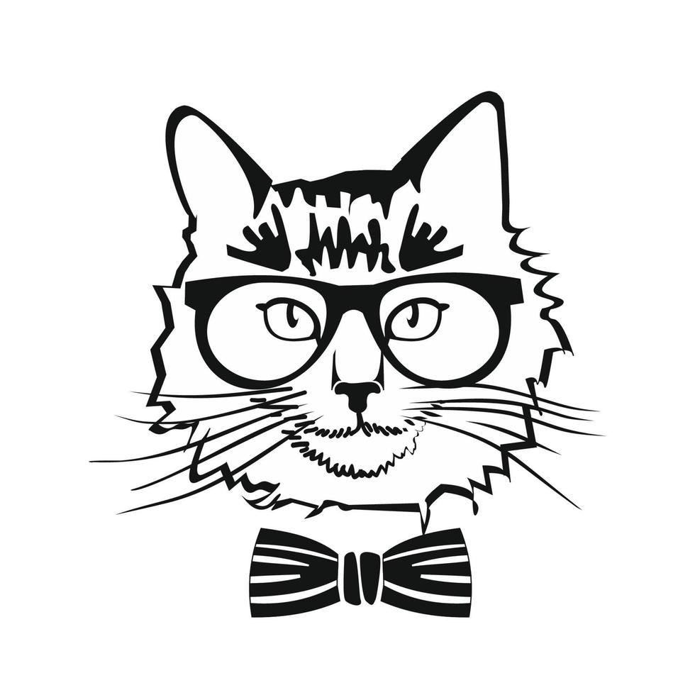 Portrait of a cat with bow tie and glasses. Black and white vector