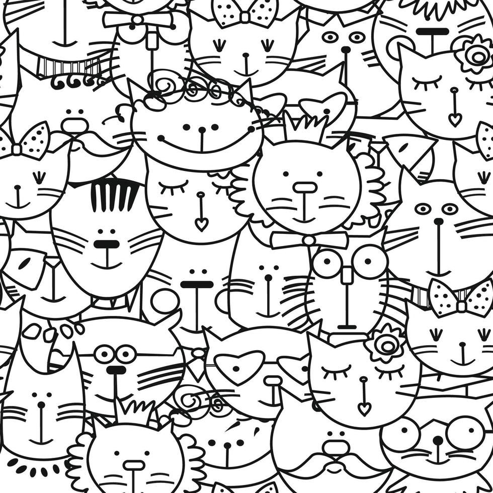 Seamless pattern of cute  face cats. Line doodle vector