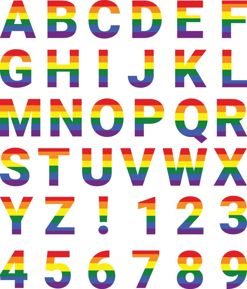 Pride flag colors letter, pride colors alphabet and numbers vector