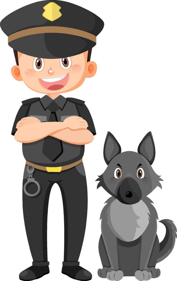 personaje de dibujos animados de oficial de policía con un perro sobre fondo blanco vector