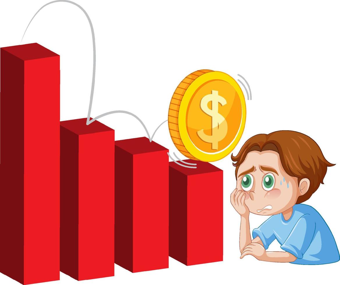 Stressed man with red bar chart and a coin vector