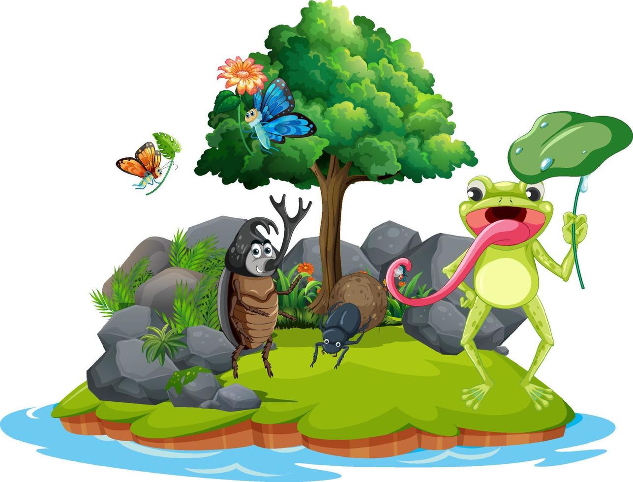 Cartoon insect and beetle in the forest vector