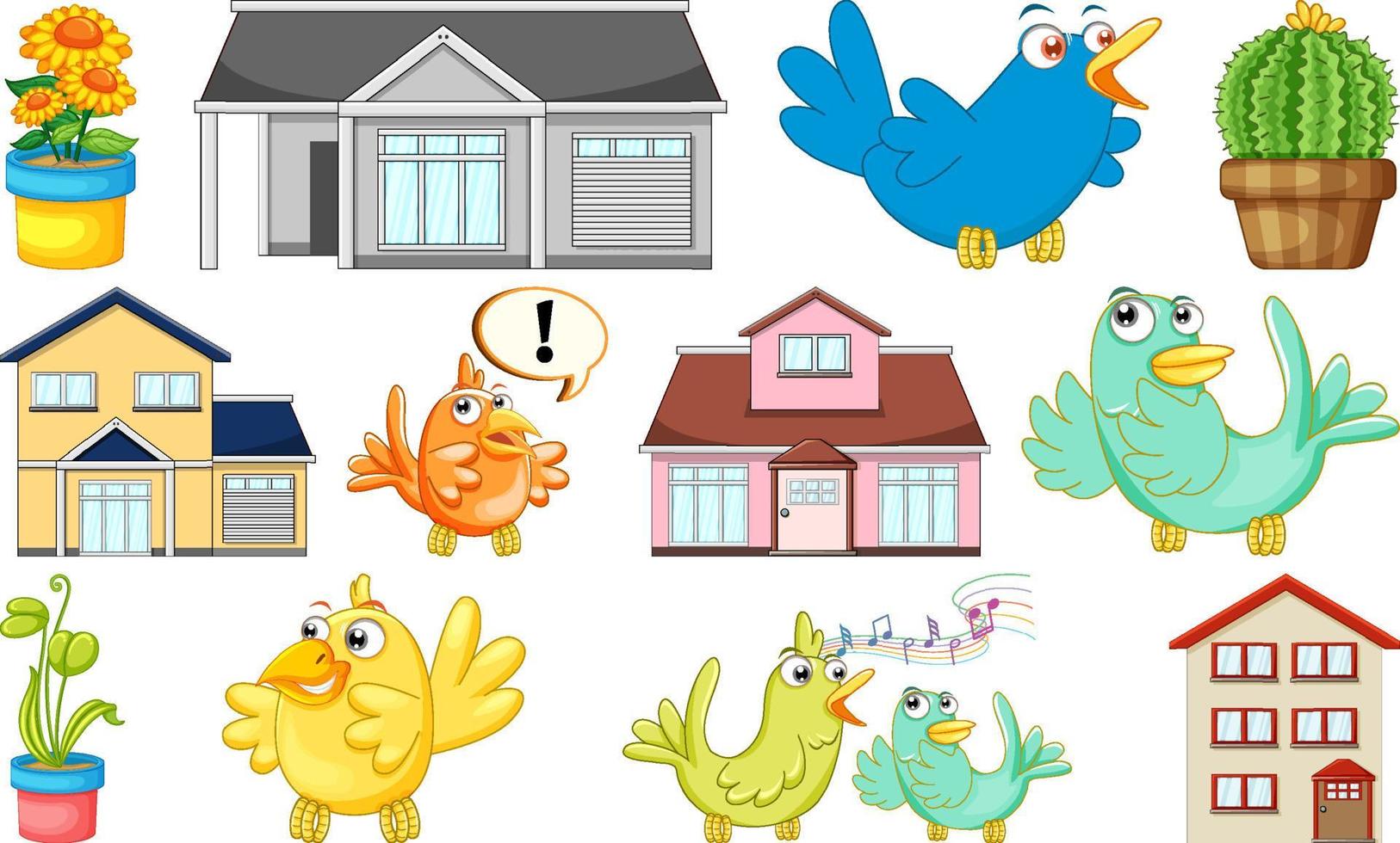 diseño de la casa y muchas aves vector