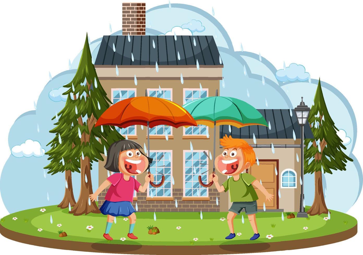 Rainy day with happy children holding umbrella vector