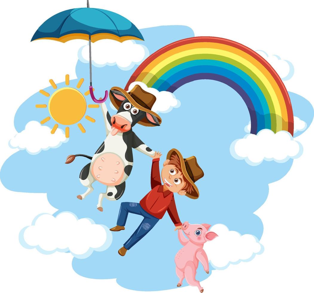 A cowboy and farm animals in the sky vector