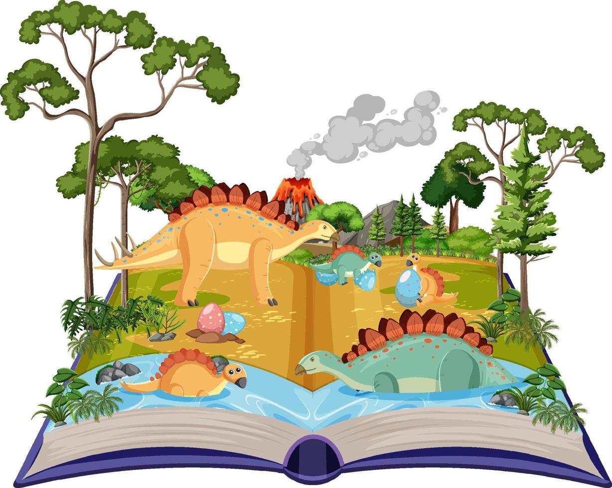 Opened book with various dinosaurs in the forest vector