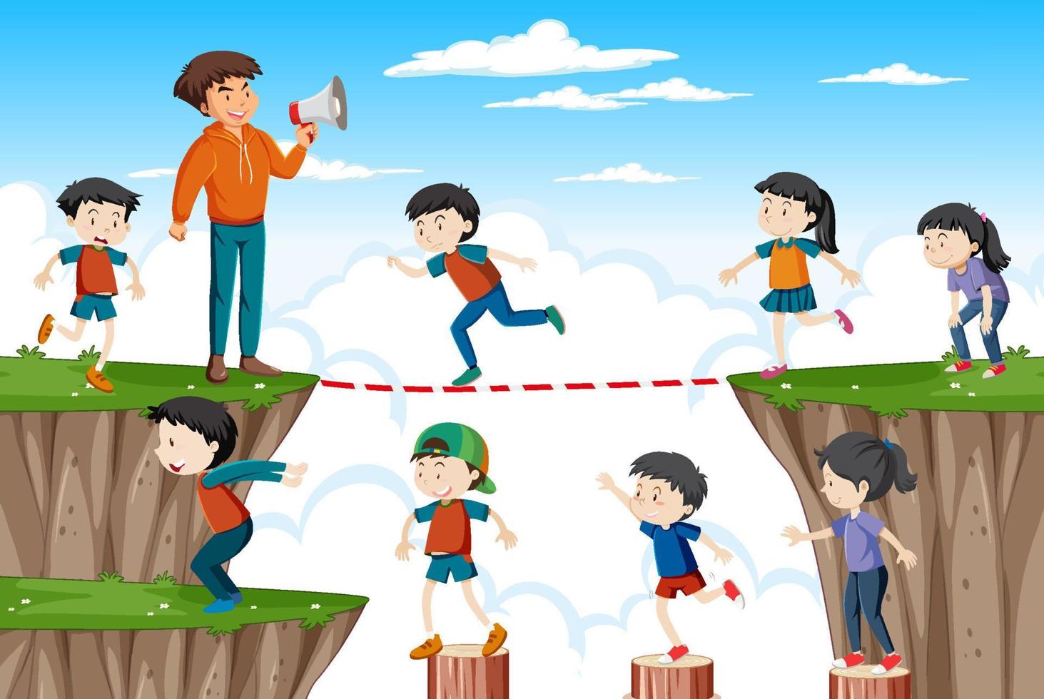 Outdoor scene with children balancing walking game vector