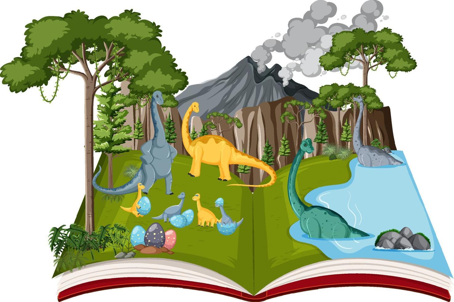 Opened book with various dinosaurs in the forest vector