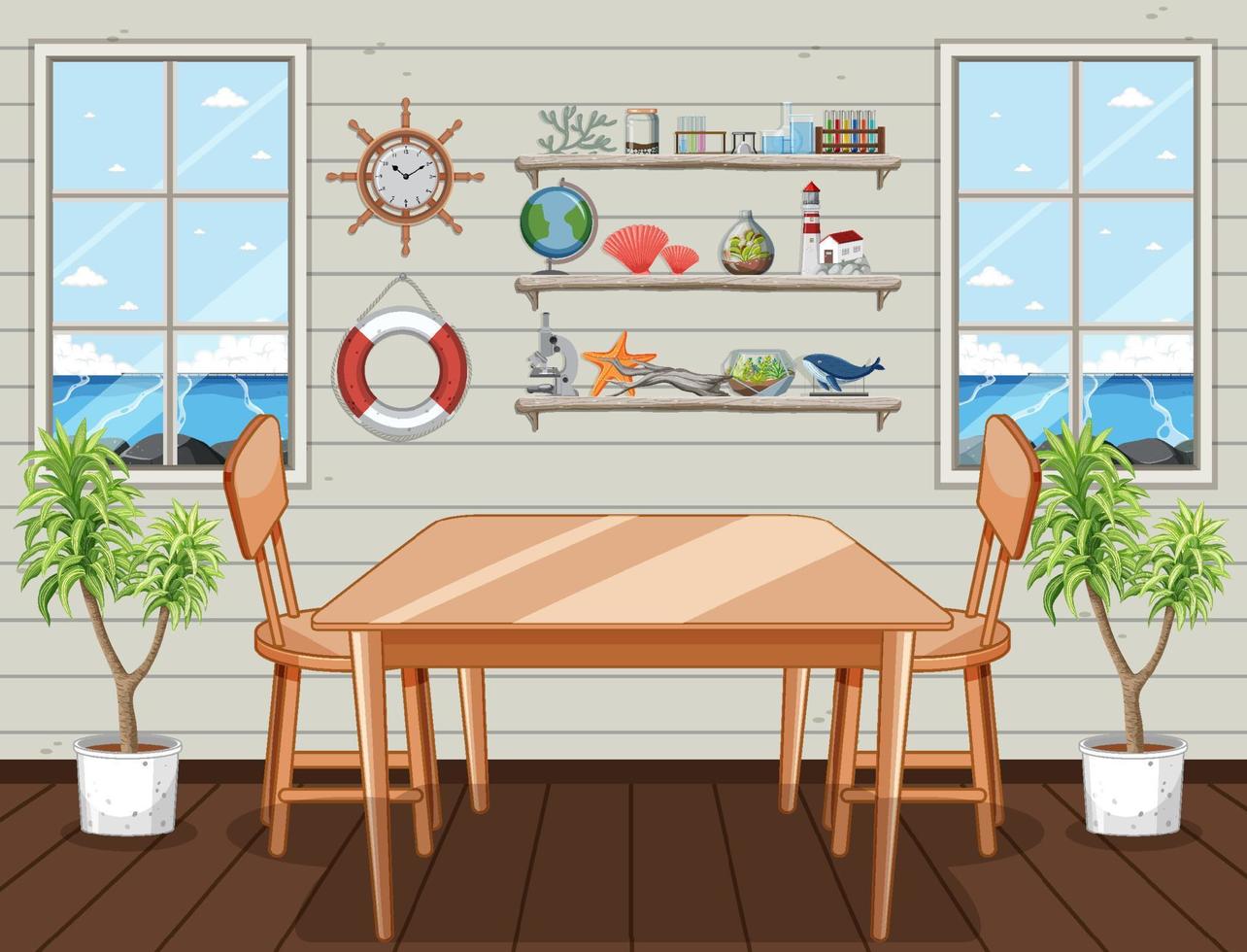 Room scene with miscellaneous objects on wall shelves vector