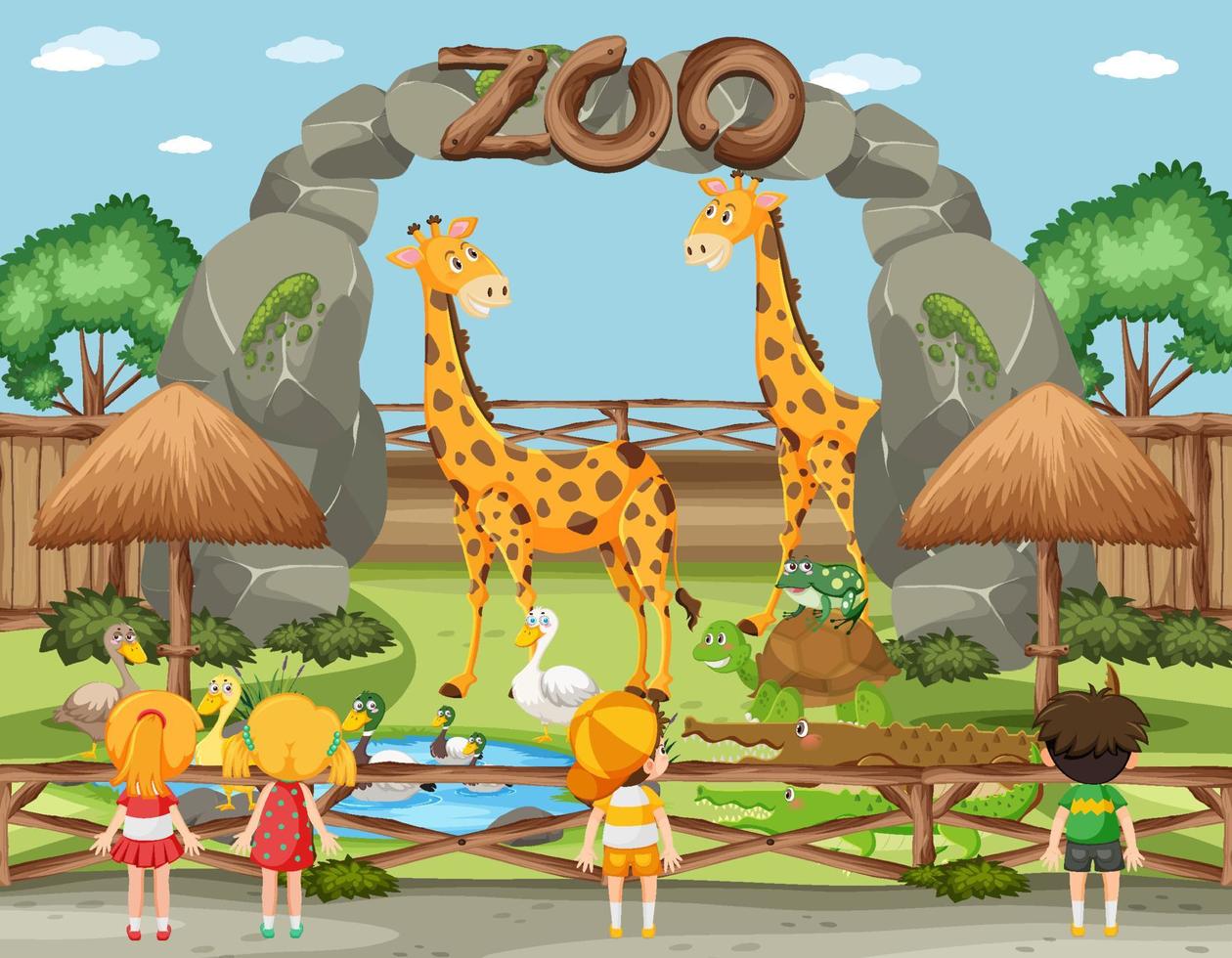 niños felices en el zoológico vector