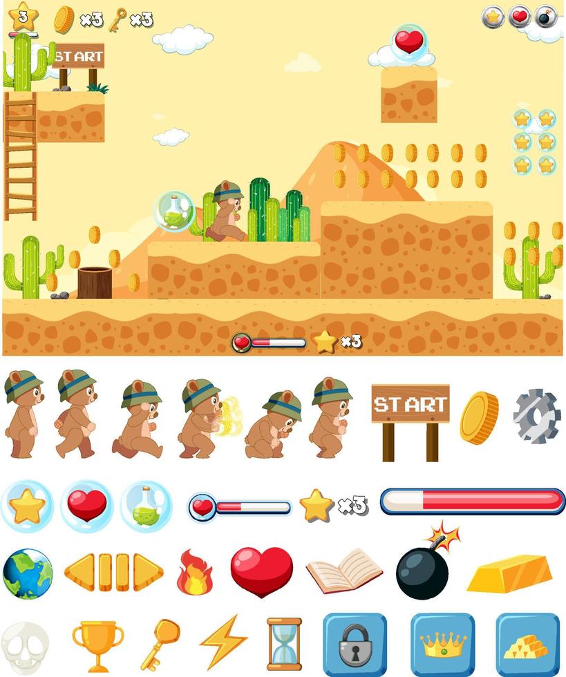 plantilla de fondo de juego de plataforma con elementos vector