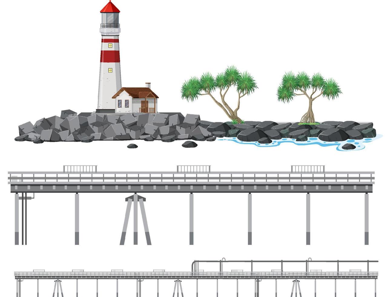 Set of beach coast objects and elements vector