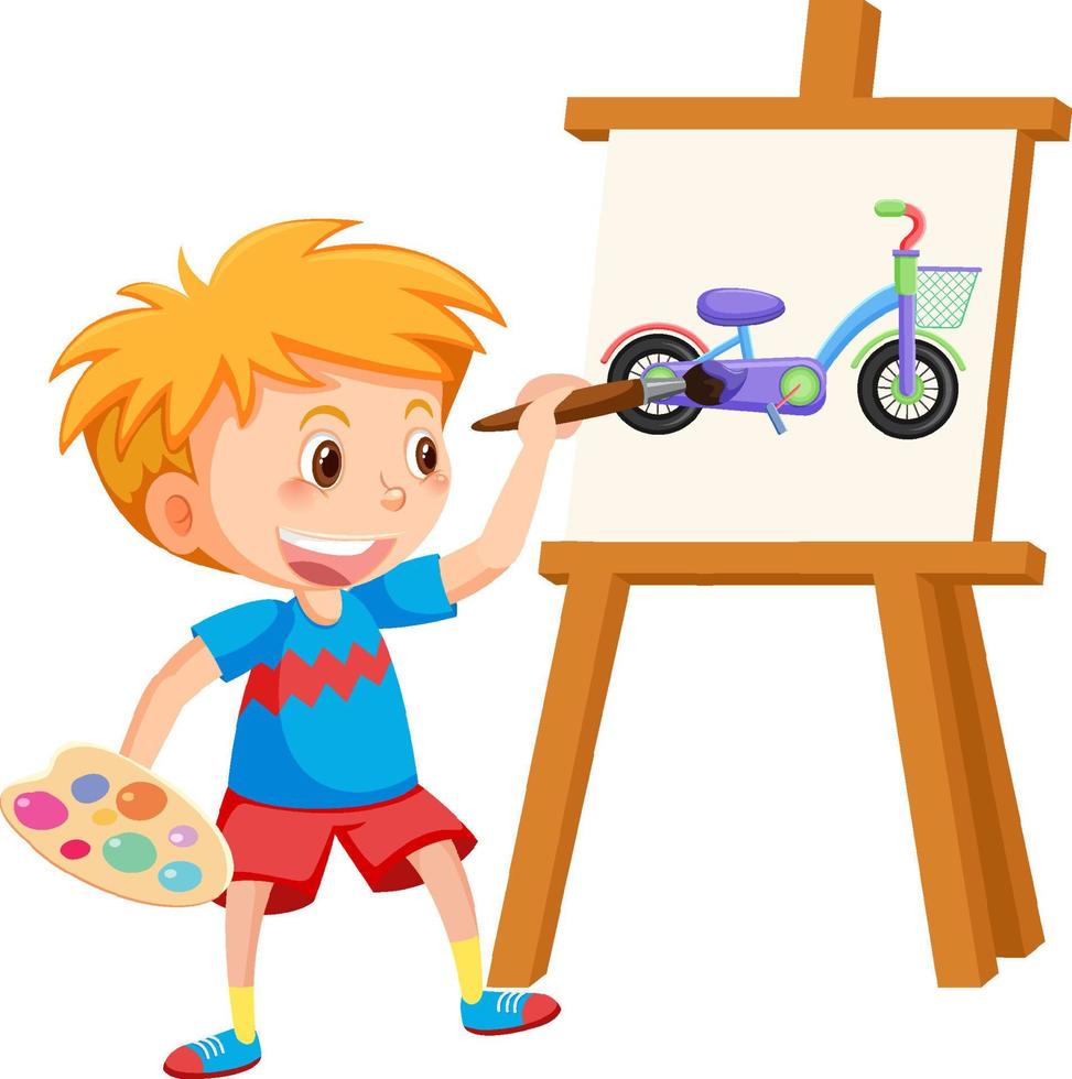 Cute boy painting on canvas vector