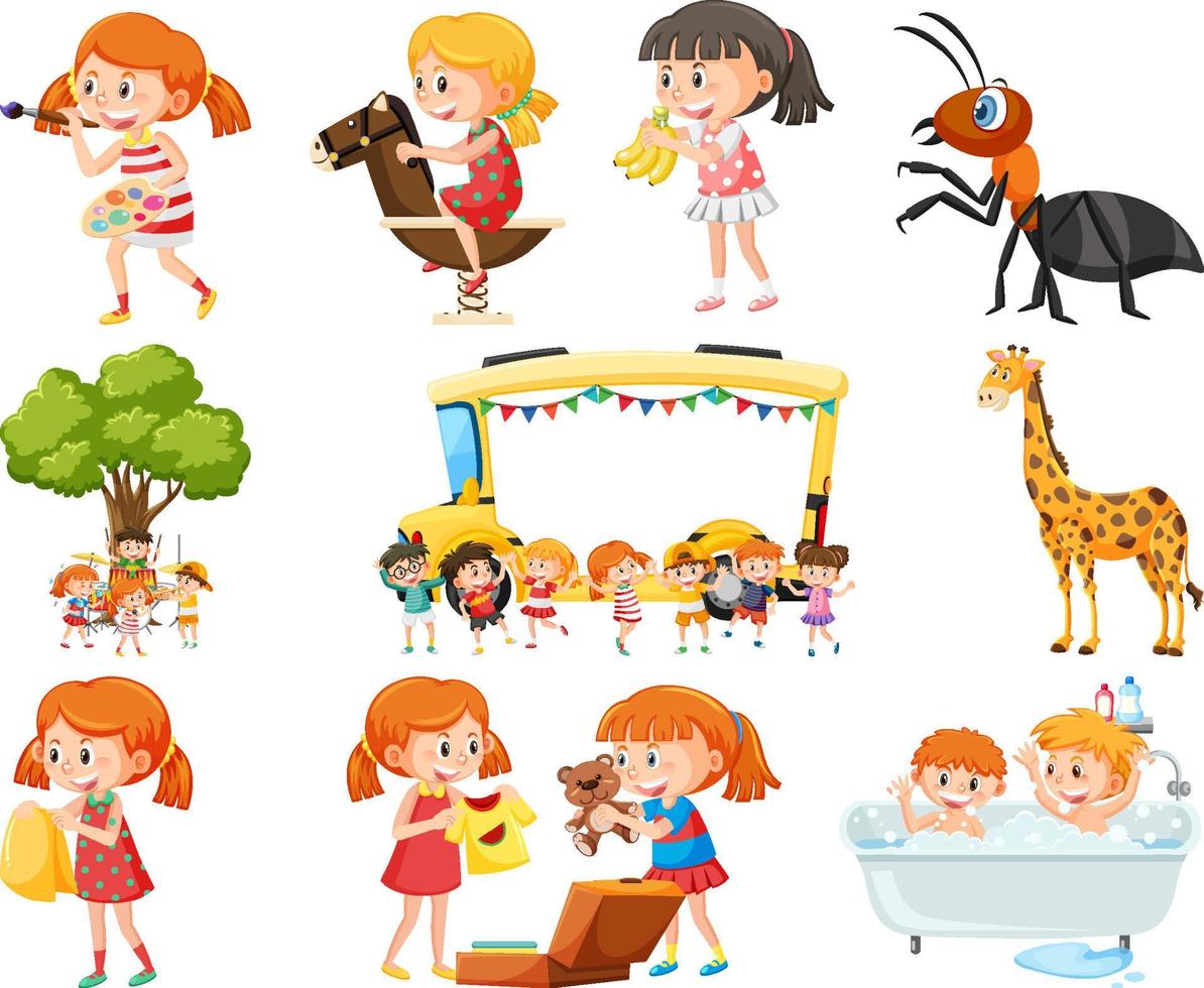 Set of different cute kids and objects vector