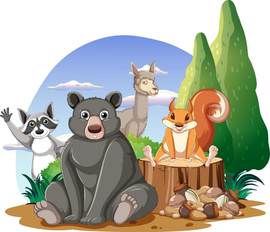 Isolated scene with different cute animals vector