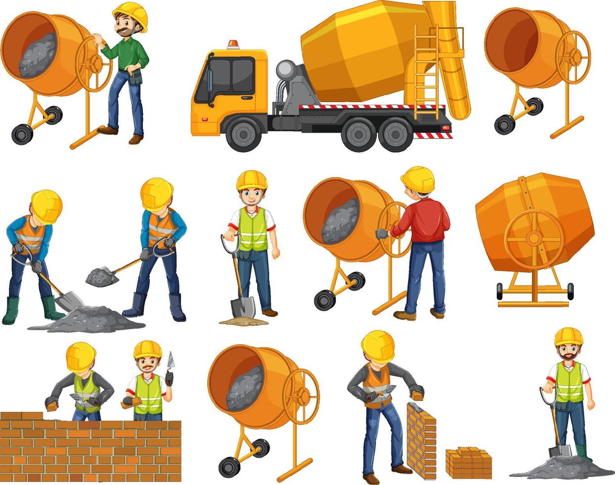 Set of construction site objects and workers vector