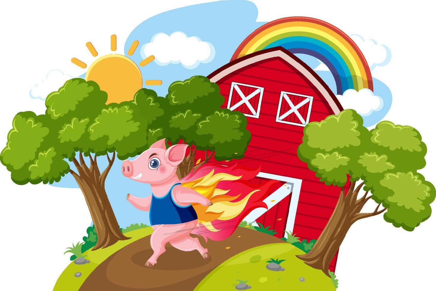 Farm barn with tree and rainbow vector