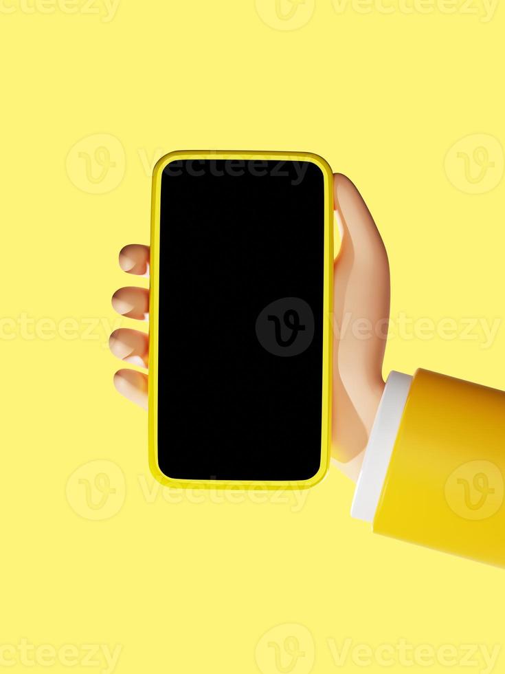 Cartoon hand with black empty screen smartphone 3D rendering on yellow background illustration photo