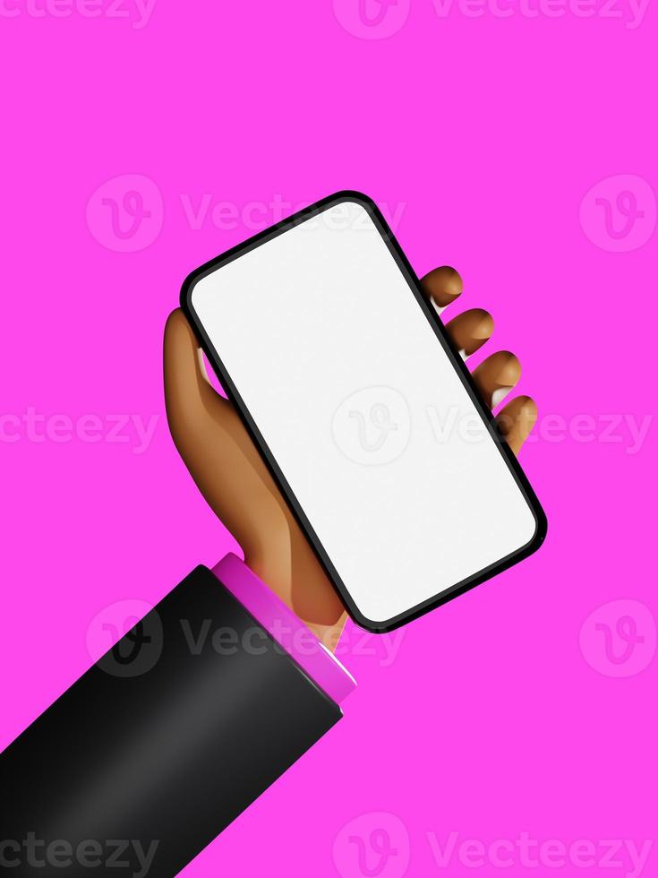3D rendering business suit cartoon dark skin hand holding empty screen smartphone illustration. 3d mockup illustration on pink colour theme photo