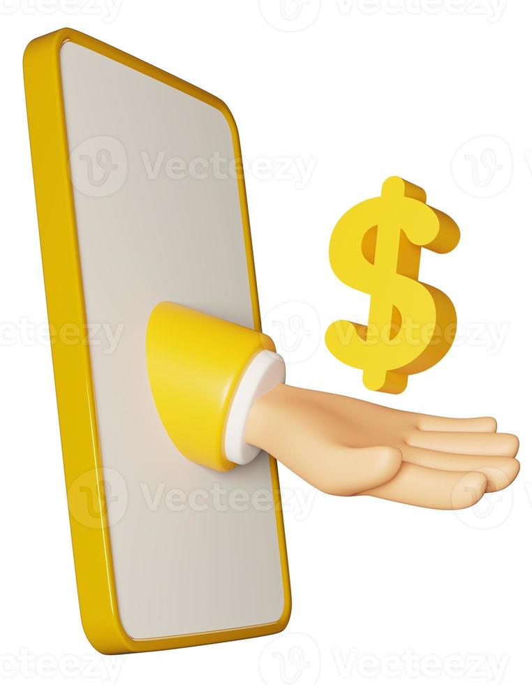 Signo de dólar de mano de renderizado 3d que sale de la pantalla del teléfono móvil. ilustración 3d foto