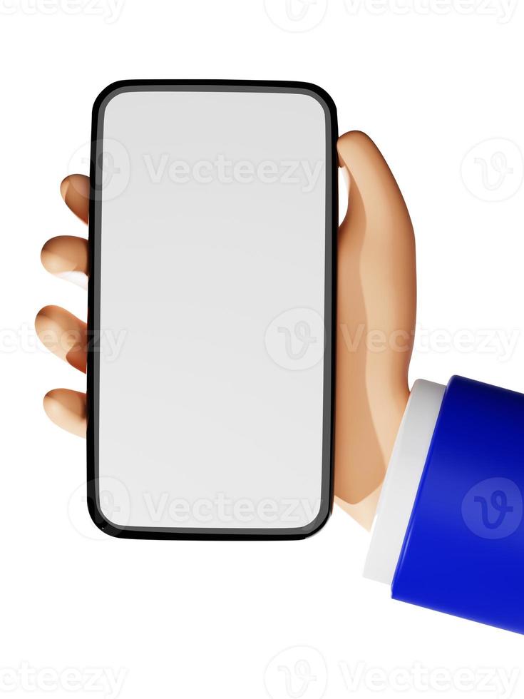 3D rendering cartoon hand holding empty screen smartphone with business apparel illustration photo